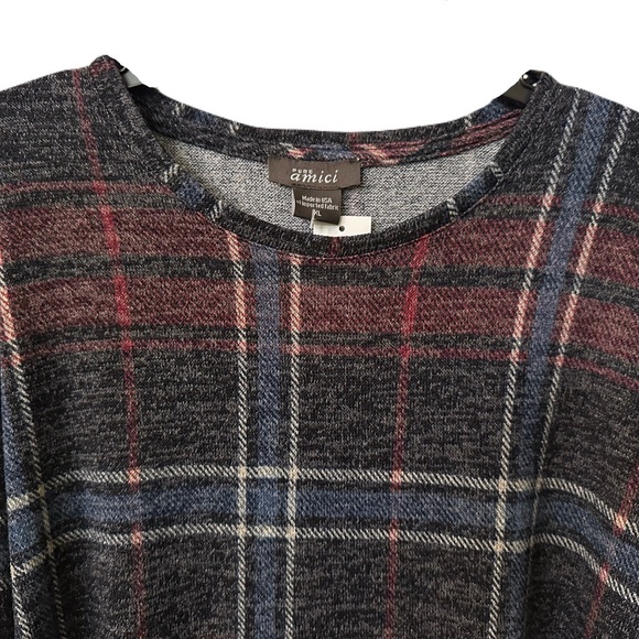 NEW Pure Amici Womens Tartan Plaid Knit Crew Neck Stretch Pullover Red Grey Blue - Picture 2 of 5